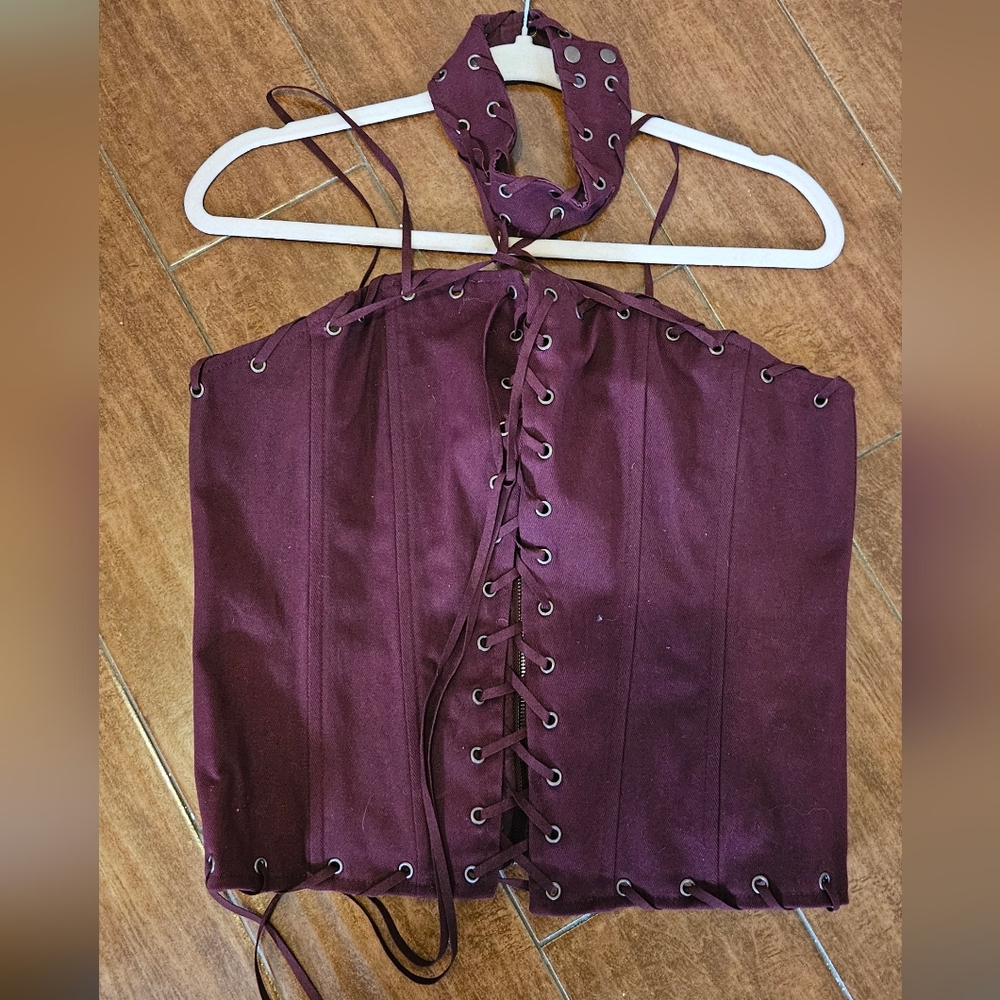 Current Mood Deep Red Lace-Up Top -1X